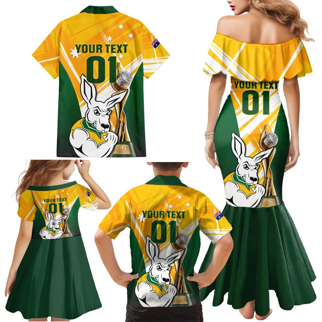 Custom Australia Soccer Family Matching Mermaid Dress and Hawaiian Shirt Matildas Kangaroo With World Cup Trophy 2023 Yellow Version