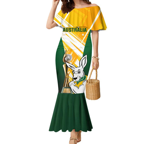 Custom Australia Soccer Family Matching Mermaid Dress and Hawaiian Shirt Matildas Kangaroo With World Cup Trophy 2023 Yellow Version