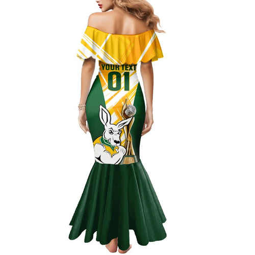 Custom Australia Soccer Family Matching Mermaid Dress and Hawaiian Shirt Matildas Kangaroo With World Cup Trophy 2023 Yellow Version