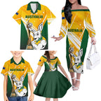 Custom Australia Soccer Family Matching Off The Shoulder Long Sleeve Dress and Hawaiian Shirt Matildas Kangaroo With World Cup Trophy 2023 Yellow Version
