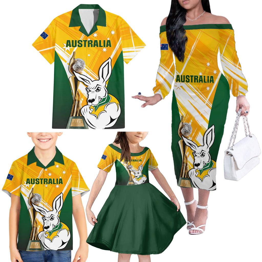 Custom Australia Soccer Family Matching Off The Shoulder Long Sleeve Dress and Hawaiian Shirt Matildas Kangaroo With World Cup Trophy 2023 Yellow Version