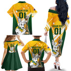Custom Australia Soccer Family Matching Off The Shoulder Long Sleeve Dress and Hawaiian Shirt Matildas Kangaroo With World Cup Trophy 2023 Yellow Version
