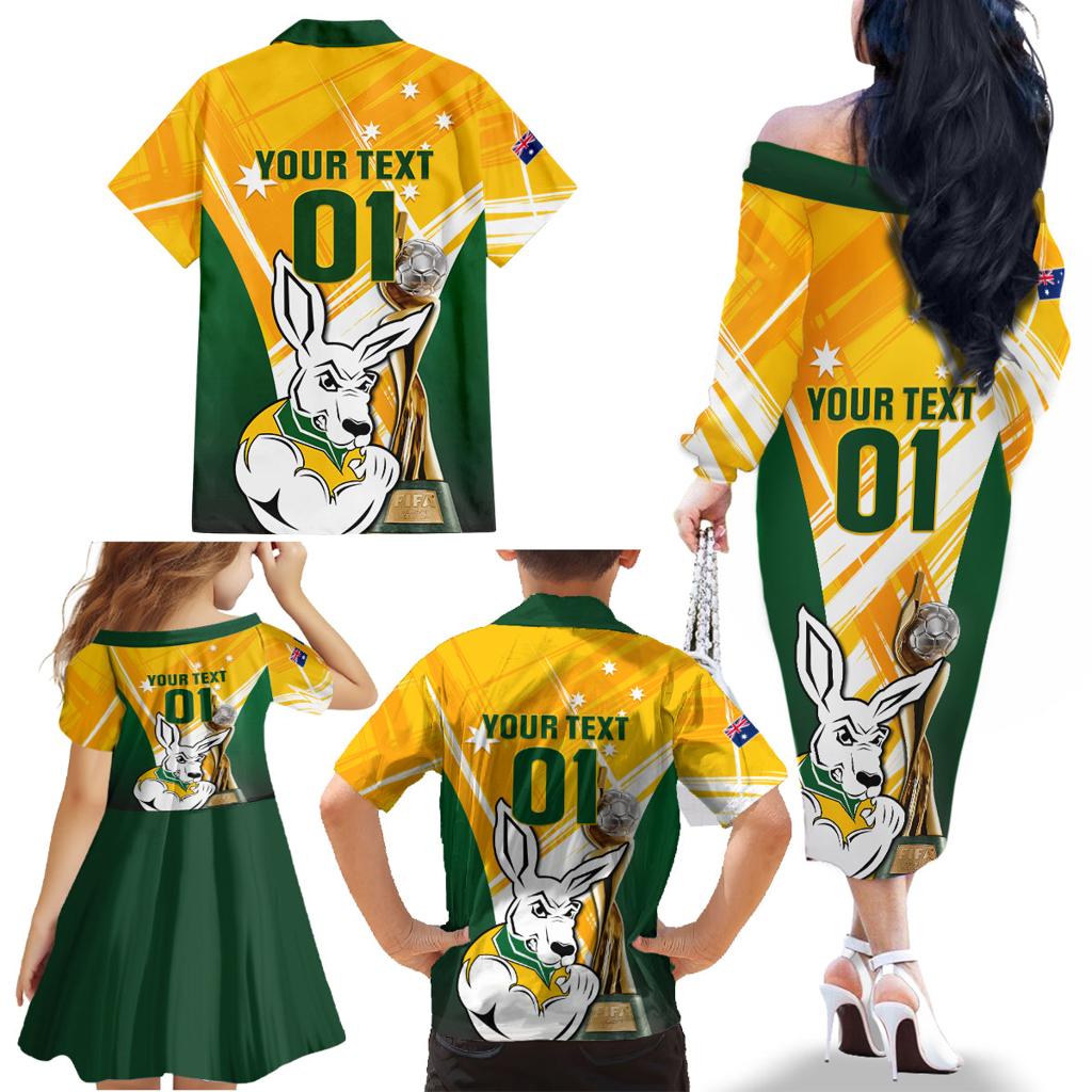 Custom Australia Soccer Family Matching Off The Shoulder Long Sleeve Dress and Hawaiian Shirt Matildas Kangaroo With World Cup Trophy 2023 Yellow Version