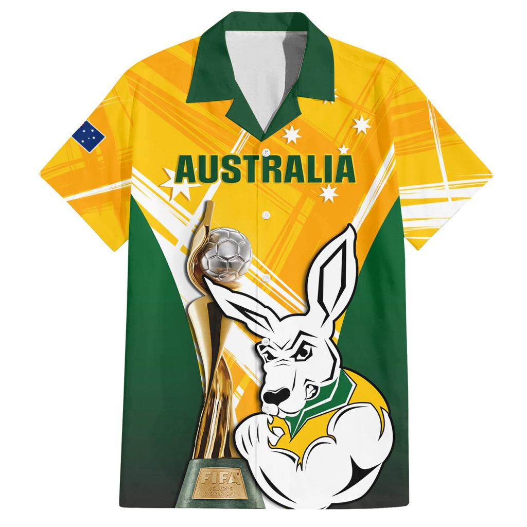 Custom Australia Soccer Family Matching Off The Shoulder Long Sleeve Dress and Hawaiian Shirt Matildas Kangaroo With World Cup Trophy 2023 Yellow Version