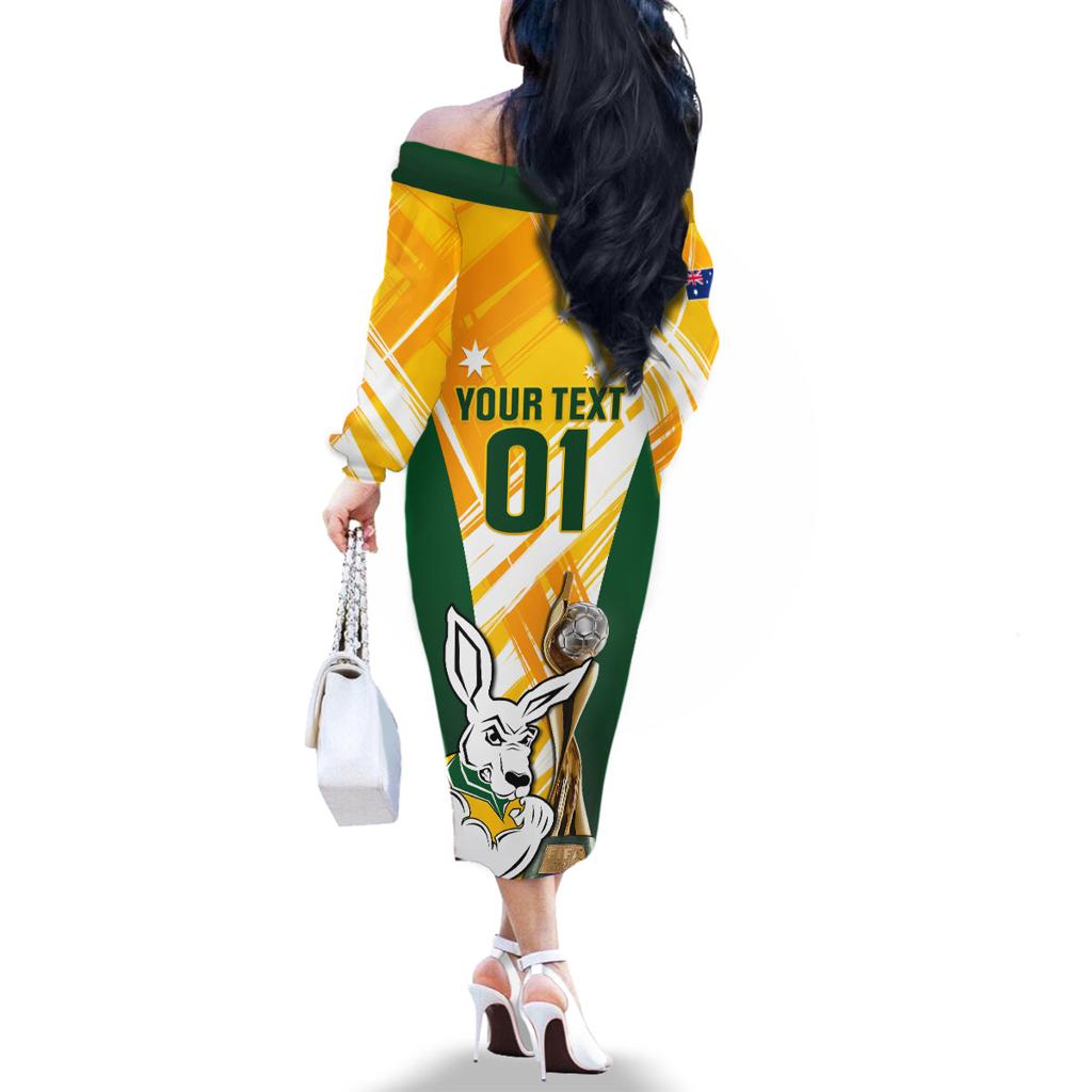 Custom Australia Soccer Family Matching Off The Shoulder Long Sleeve Dress and Hawaiian Shirt Matildas Kangaroo With World Cup Trophy 2023 Yellow Version