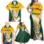 Custom Australia Soccer Family Matching Off Shoulder Maxi Dress and Hawaiian Shirt Matildas Kangaroo With World Cup Trophy 2023 Yellow Version