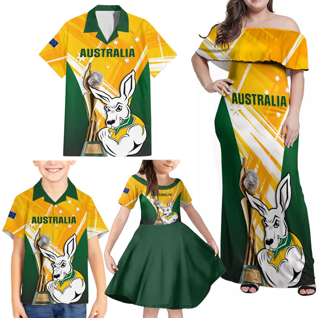 Custom Australia Soccer Family Matching Off Shoulder Maxi Dress and Hawaiian Shirt Matildas Kangaroo With World Cup Trophy 2023 Yellow Version