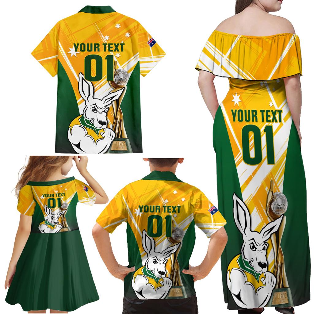Custom Australia Soccer Family Matching Off Shoulder Maxi Dress and Hawaiian Shirt Matildas Kangaroo With World Cup Trophy 2023 Yellow Version