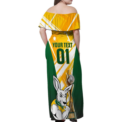 Custom Australia Soccer Family Matching Off Shoulder Maxi Dress and Hawaiian Shirt Matildas Kangaroo With World Cup Trophy 2023 Yellow Version