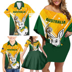 Custom Australia Soccer Family Matching Off Shoulder Short Dress and Hawaiian Shirt Matildas Kangaroo With World Cup Trophy 2023 Yellow Version