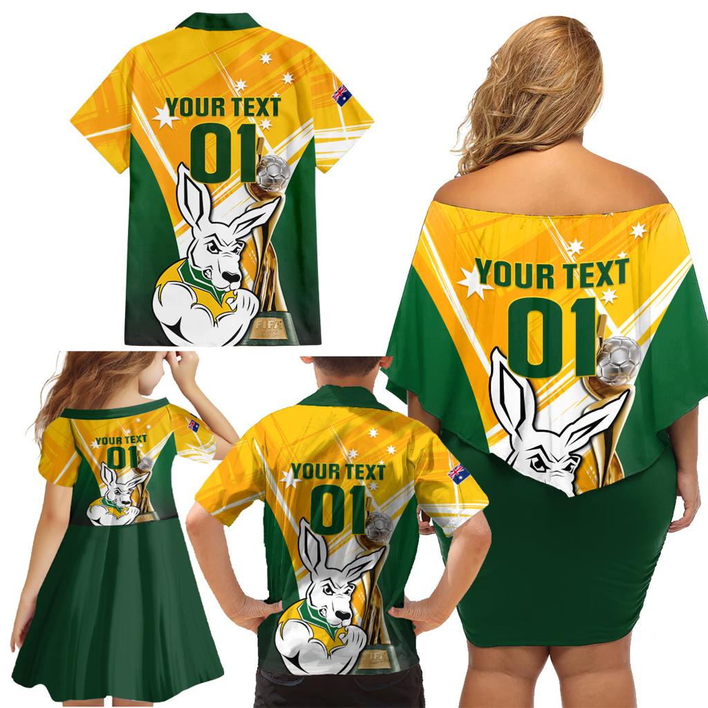 Custom Australia Soccer Family Matching Off Shoulder Short Dress and Hawaiian Shirt Matildas Kangaroo With World Cup Trophy 2023 Yellow Version