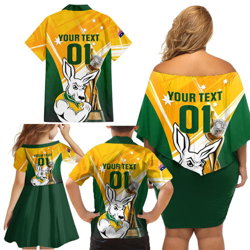 Custom Australia Soccer Family Matching Off Shoulder Short Dress and Hawaiian Shirt Matildas Kangaroo With World Cup Trophy 2023 Yellow Version
