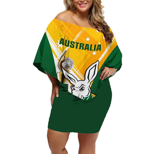 Custom Australia Soccer Family Matching Off Shoulder Short Dress and Hawaiian Shirt Matildas Kangaroo With World Cup Trophy 2023 Yellow Version