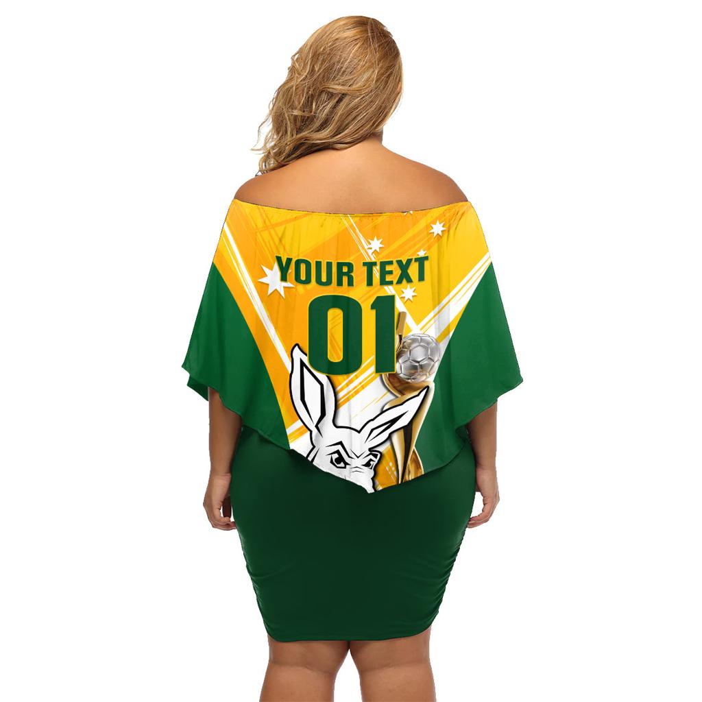 Custom Australia Soccer Family Matching Off Shoulder Short Dress and Hawaiian Shirt Matildas Kangaroo With World Cup Trophy 2023 Yellow Version
