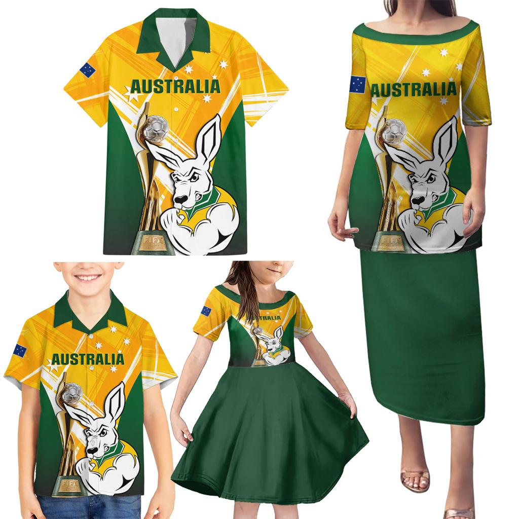 Custom Australia Soccer Family Matching Puletasi and Hawaiian Shirt Matildas Kangaroo With World Cup Trophy 2023 Yellow Version