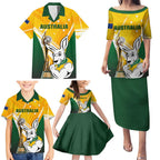 Custom Australia Soccer Family Matching Puletasi and Hawaiian Shirt Matildas Kangaroo With World Cup Trophy 2023 Yellow Version