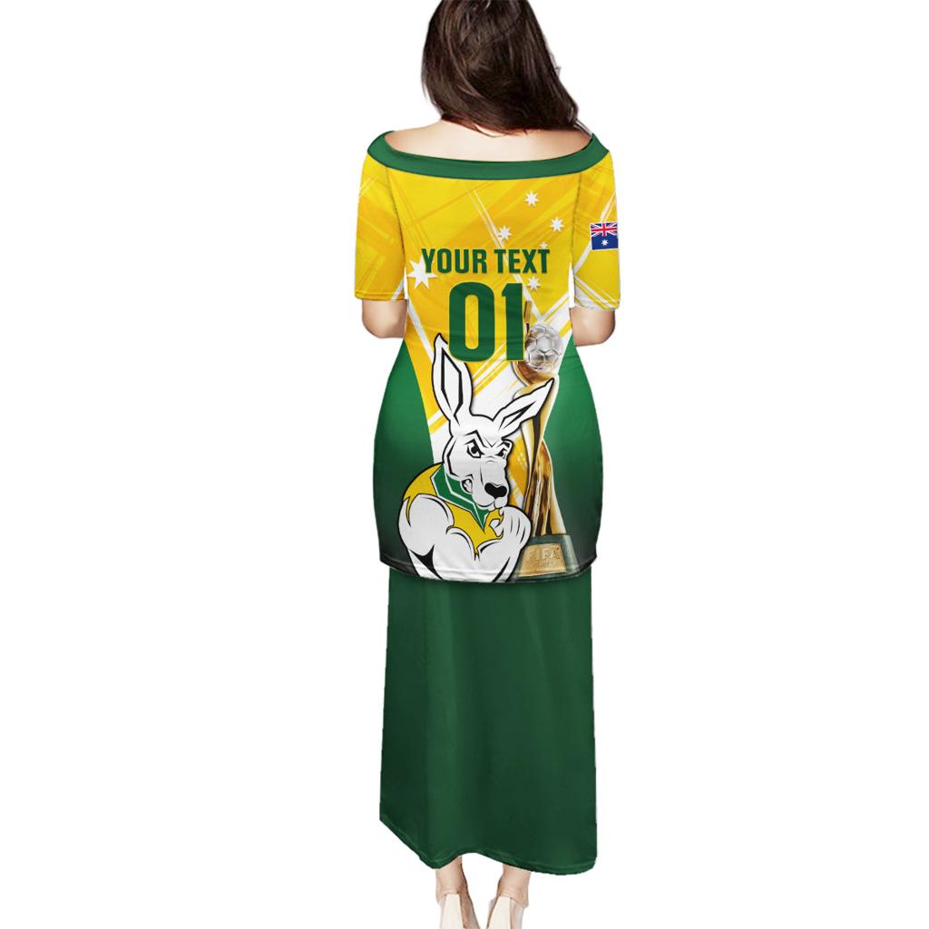 Custom Australia Soccer Family Matching Puletasi and Hawaiian Shirt Matildas Kangaroo With World Cup Trophy 2023 Yellow Version