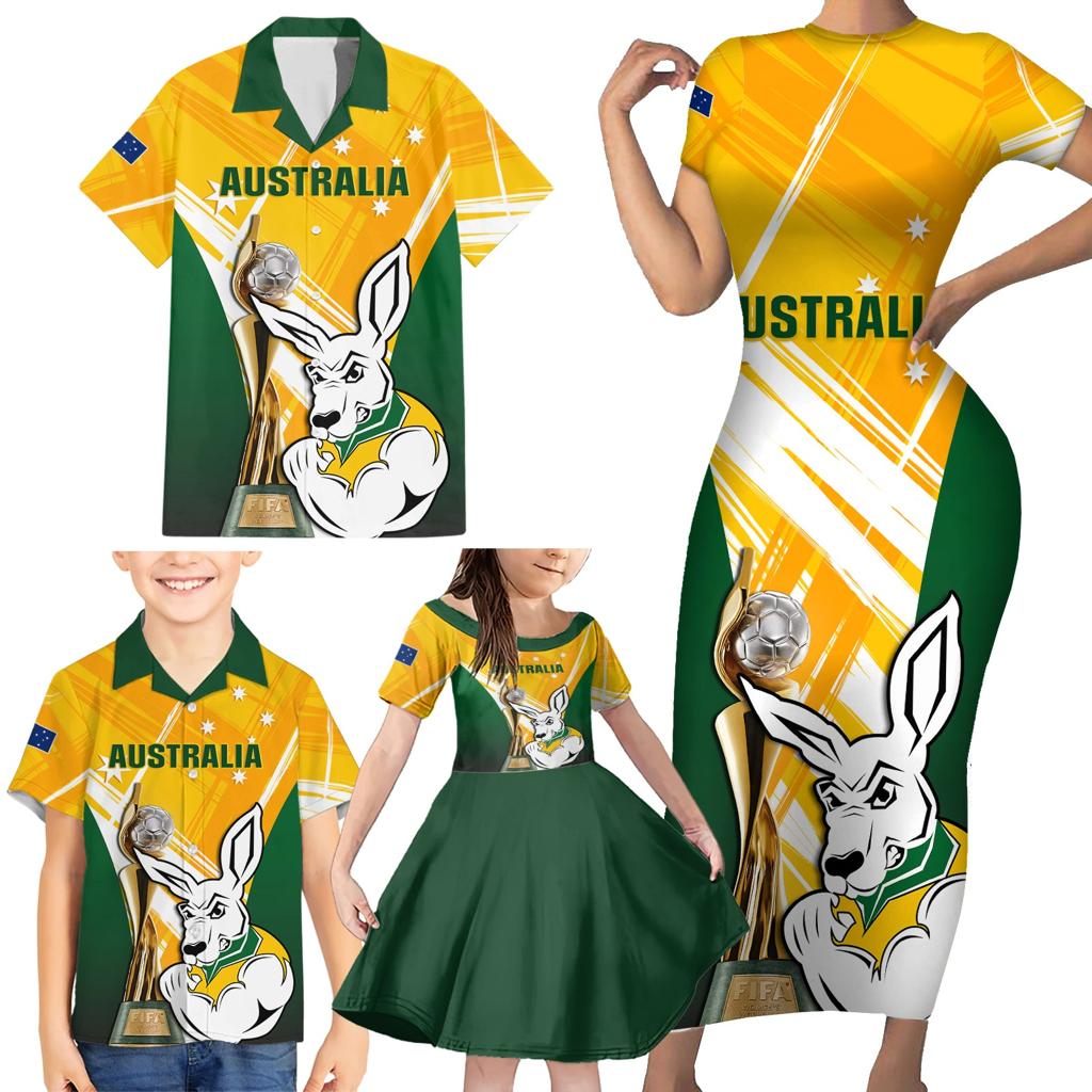Custom Australia Soccer Family Matching Short Sleeve Bodycon Dress and Hawaiian Shirt Matildas Kangaroo With World Cup Trophy 2023 Yellow Version