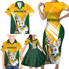 Custom Australia Soccer Family Matching Short Sleeve Bodycon Dress and Hawaiian Shirt Matildas Kangaroo With World Cup Trophy 2023 Yellow Version