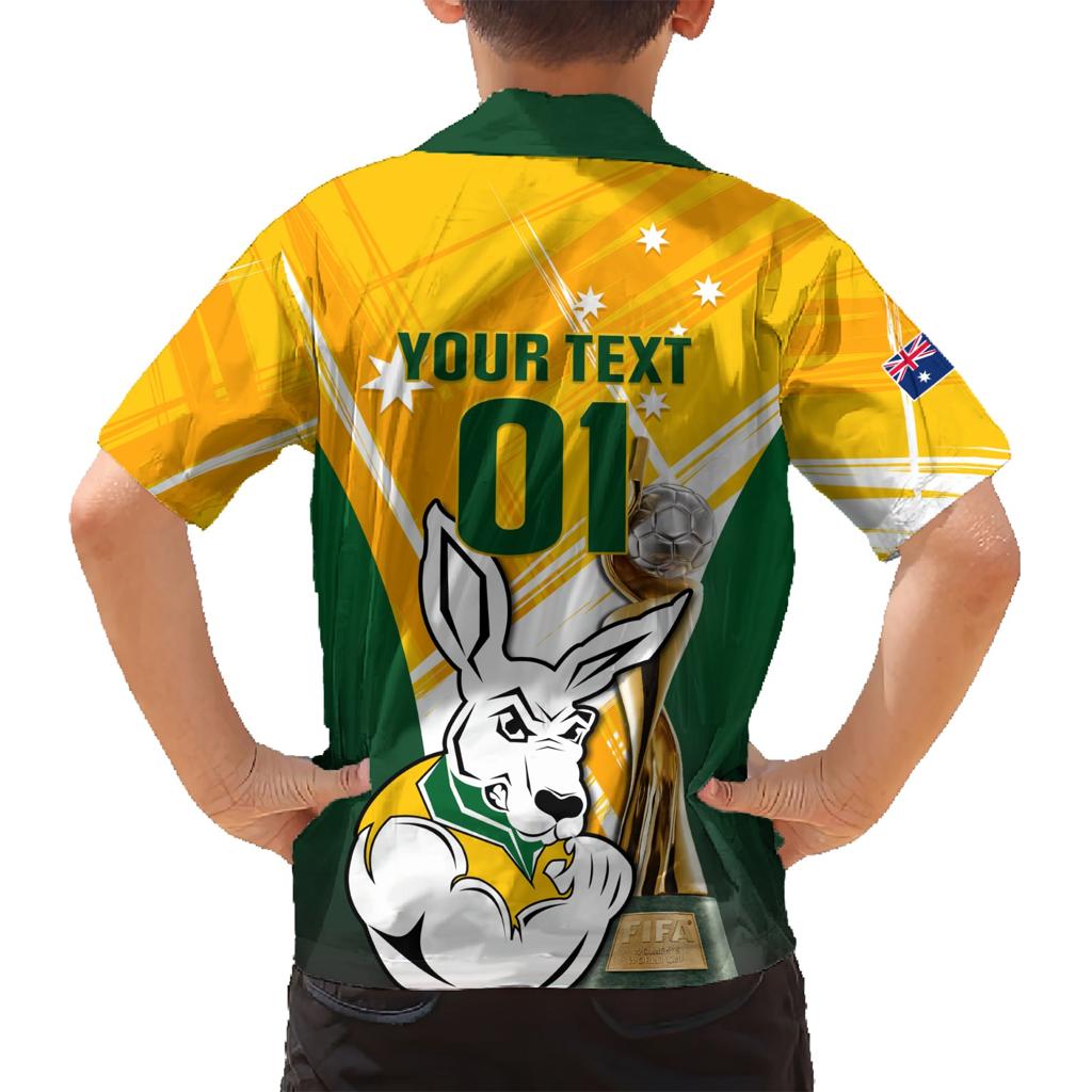 Custom Australia Soccer Family Matching Short Sleeve Bodycon Dress and Hawaiian Shirt Matildas Kangaroo With World Cup Trophy 2023 Yellow Version