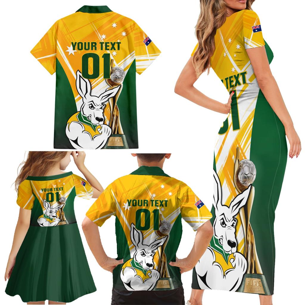 Custom Australia Soccer Family Matching Short Sleeve Bodycon Dress and Hawaiian Shirt Matildas Kangaroo With World Cup Trophy 2023 Yellow Version