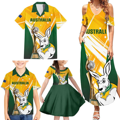 Custom Australia Soccer Family Matching Summer Maxi Dress and Hawaiian Shirt Matildas Kangaroo With World Cup Trophy 2023 Yellow Version