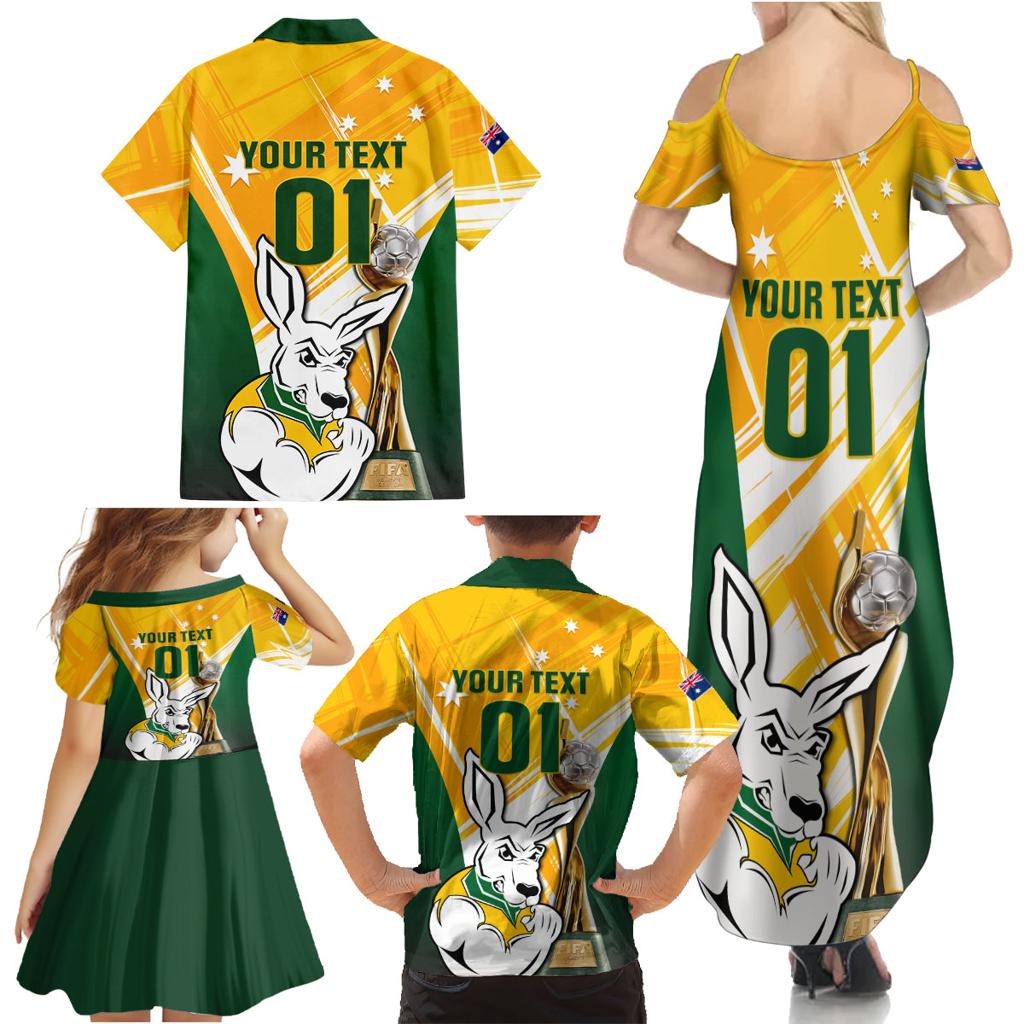 Custom Australia Soccer Family Matching Summer Maxi Dress and Hawaiian Shirt Matildas Kangaroo With World Cup Trophy 2023 Yellow Version