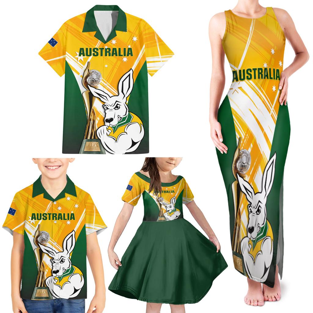 Custom Australia Soccer Family Matching Tank Maxi Dress and Hawaiian Shirt Matildas Kangaroo With World Cup Trophy 2023 Yellow Version