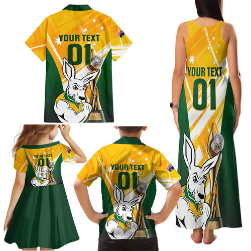 Custom Australia Soccer Family Matching Tank Maxi Dress and Hawaiian Shirt Matildas Kangaroo With World Cup Trophy 2023 Yellow Version