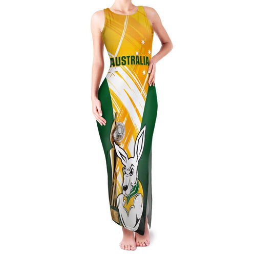 Custom Australia Soccer Family Matching Tank Maxi Dress and Hawaiian Shirt Matildas Kangaroo With World Cup Trophy 2023 Yellow Version