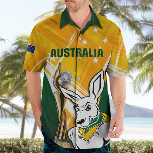 Custom Australia Soccer Hawaiian Shirt Matildas Kangaroo With World Cup Trophy 2023 Yellow Version