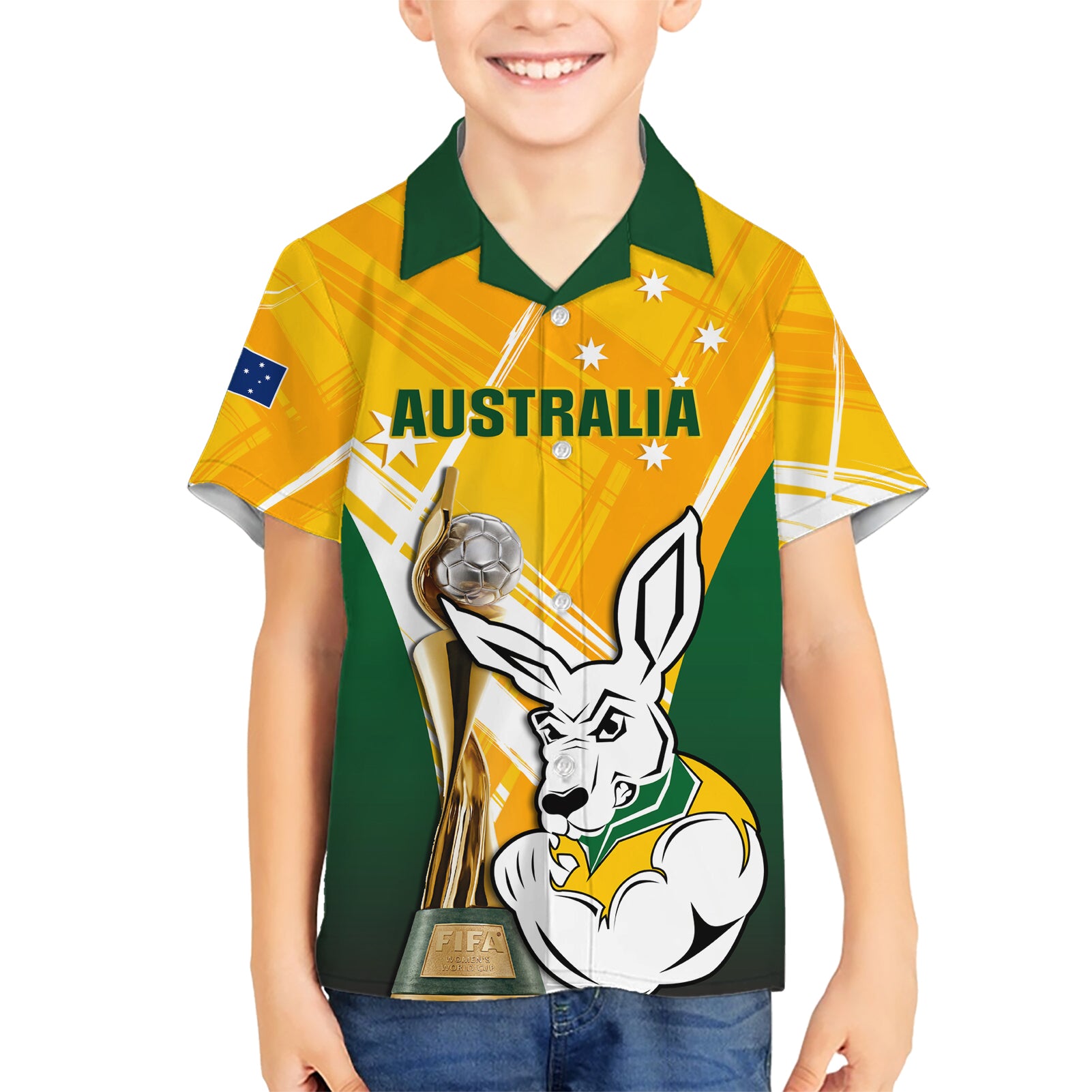 Custom Australia Soccer Kid Hawaiian Shirt Matildas Kangaroo With World Cup Trophy 2023 Yellow Version