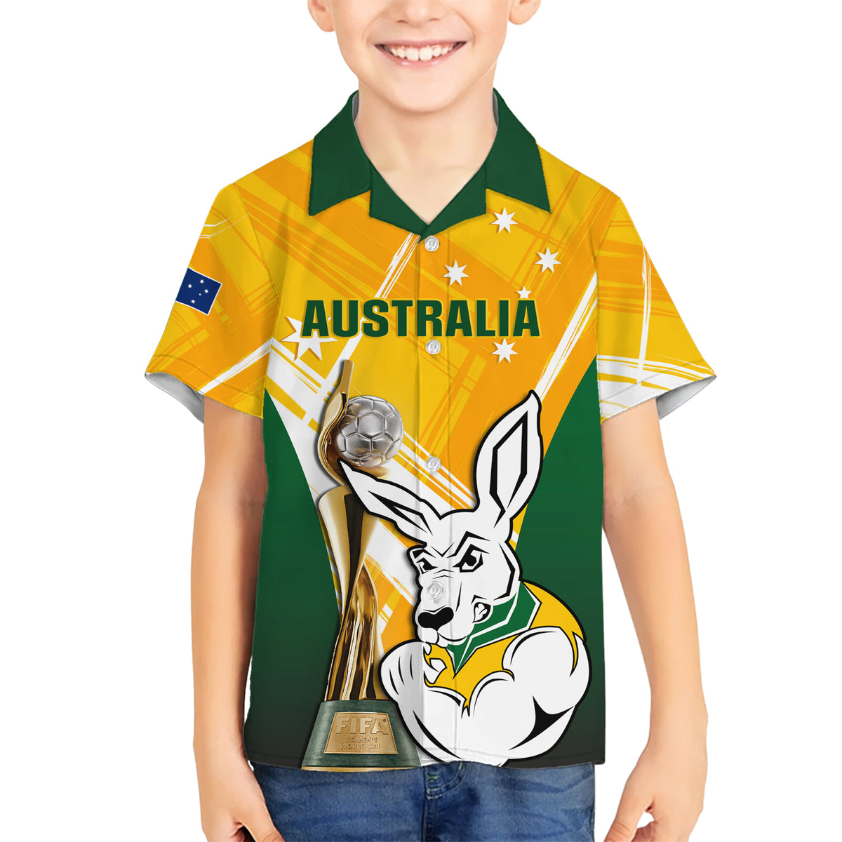 Custom Australia Soccer Kid Hawaiian Shirt Matildas Kangaroo With World Cup Trophy 2023 Yellow Version
