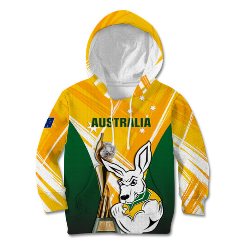 Custom Australia Soccer Kid Hoodie Matildas Kangaroo With World Cup Trophy 2023 Yellow Version
