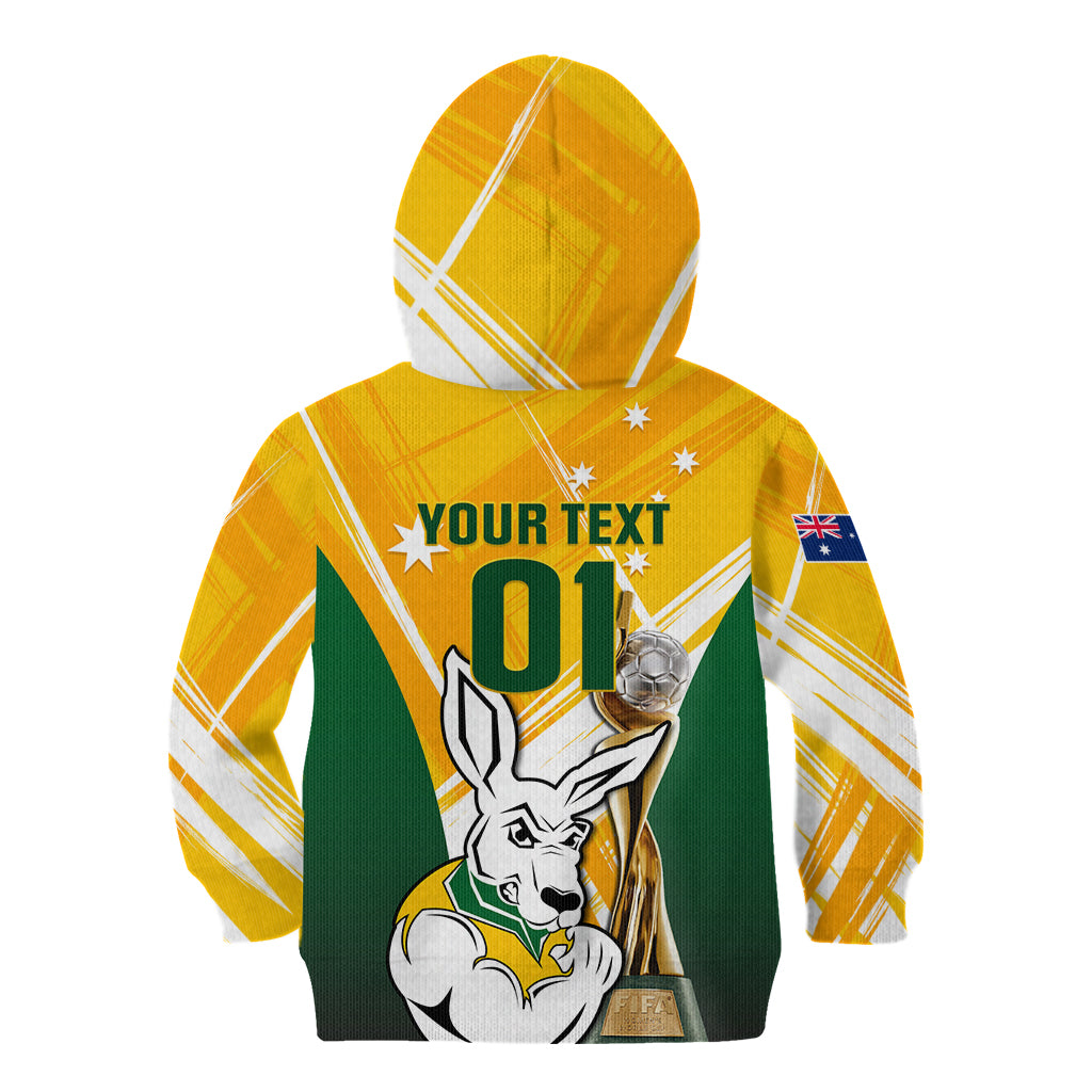Custom Australia Soccer Kid Hoodie Matildas Kangaroo With World Cup Trophy 2023 Yellow Version