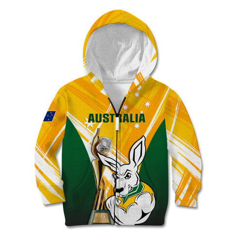 Custom Australia Soccer Kid Hoodie Matildas Kangaroo With World Cup Trophy 2023 Yellow Version