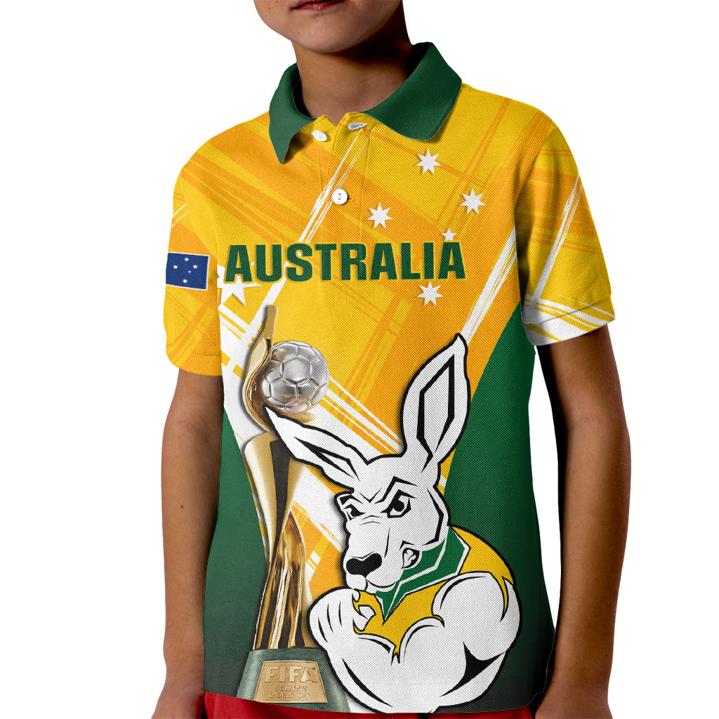 Custom Australia Soccer Kid Polo Shirt Matildas Kangaroo With World Cup Trophy 2023 Yellow Version