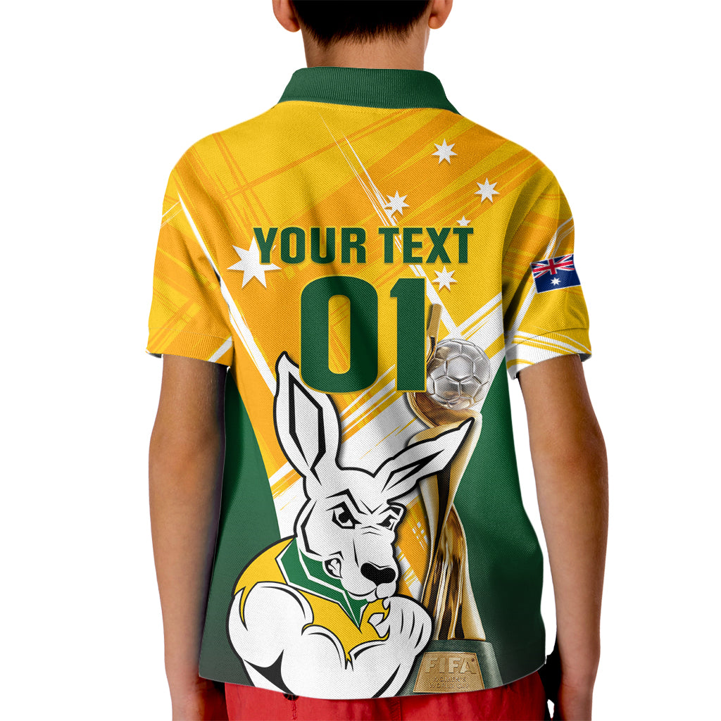 Custom Australia Soccer Kid Polo Shirt Matildas Kangaroo With World Cup Trophy 2023 Yellow Version
