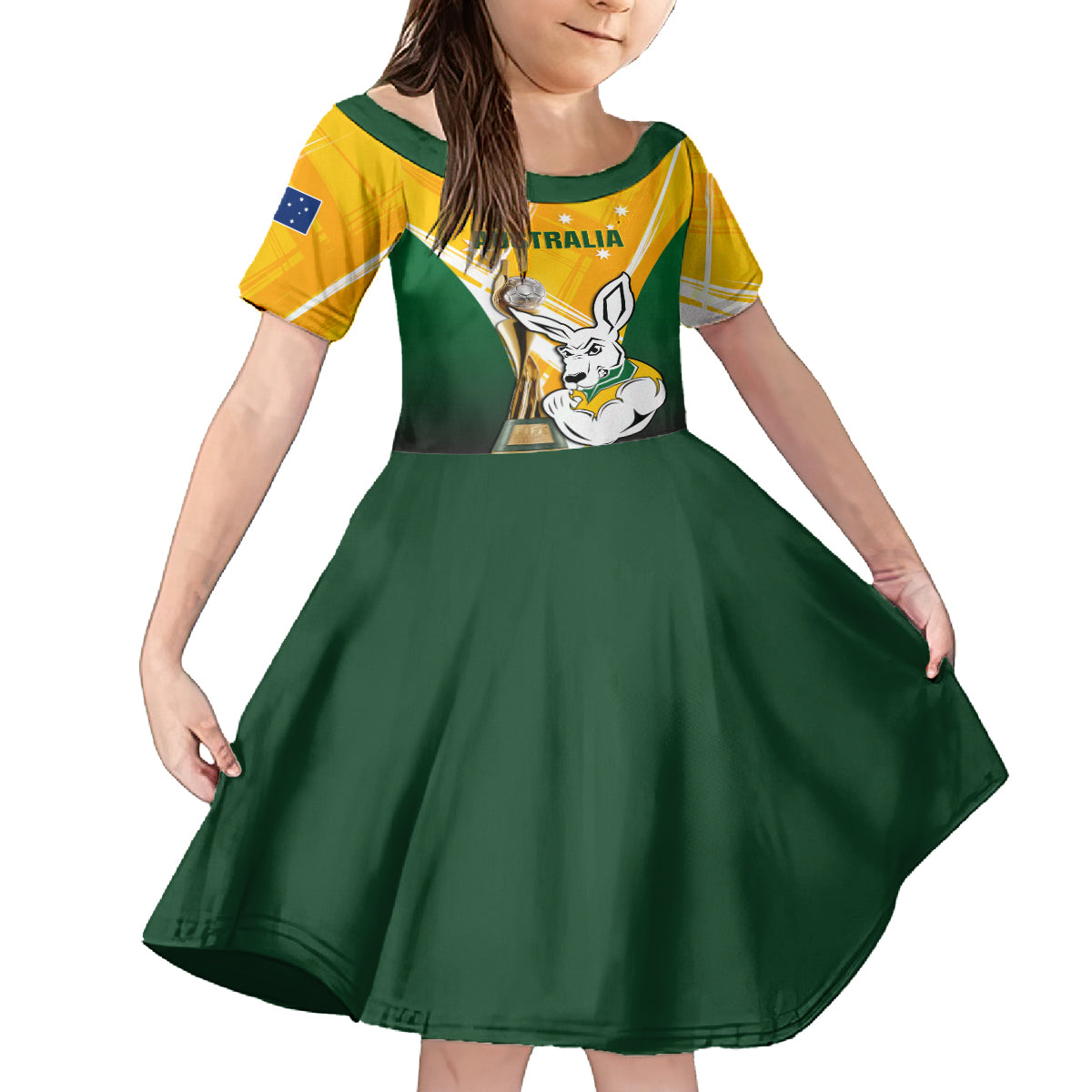 Custom Australia Soccer Kid Short Sleeve Dress Matildas Kangaroo With World Cup Trophy 2023 Yellow Version