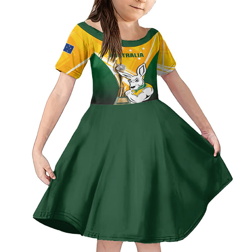 Custom Australia Soccer Kid Short Sleeve Dress Matildas Kangaroo With World Cup Trophy 2023 Yellow Version