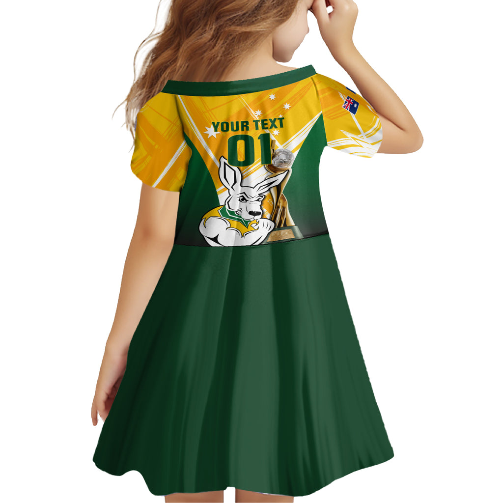 Custom Australia Soccer Kid Short Sleeve Dress Matildas Kangaroo With World Cup Trophy 2023 Yellow Version