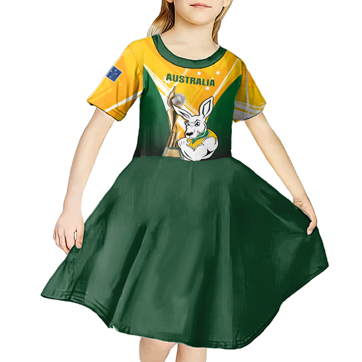 Custom Australia Soccer Kid Short Sleeve Dress Matildas Kangaroo With World Cup Trophy 2023 Yellow Version