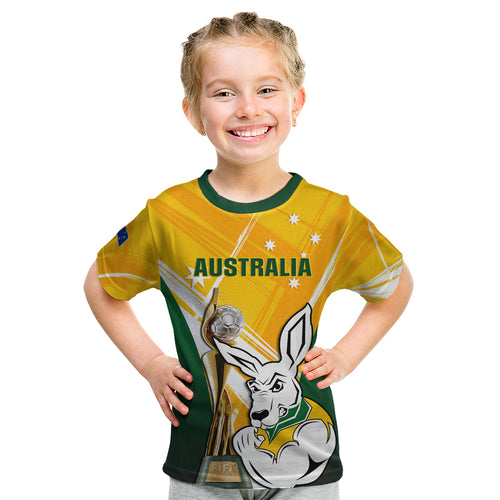 Custom Australia Soccer Kid T Shirt Matildas Kangaroo With World Cup Trophy 2023 Yellow Version
