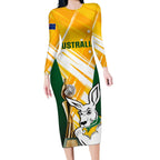 Custom Australia Soccer Long Sleeve Bodycon Dress Matildas Kangaroo With World Cup Trophy 2023 Yellow Version