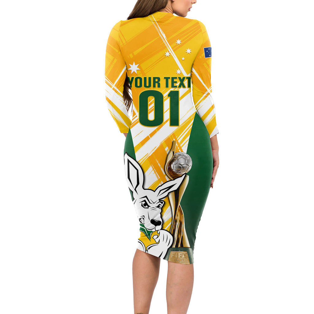 Custom Australia Soccer Long Sleeve Bodycon Dress Matildas Kangaroo With World Cup Trophy 2023 Yellow Version