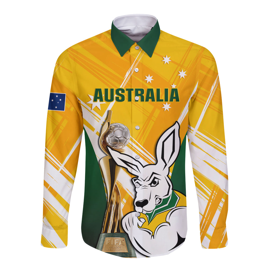 Custom Australia Soccer Long Sleeve Button Shirt Matildas Kangaroo With World Cup Trophy 2023 Yellow Version