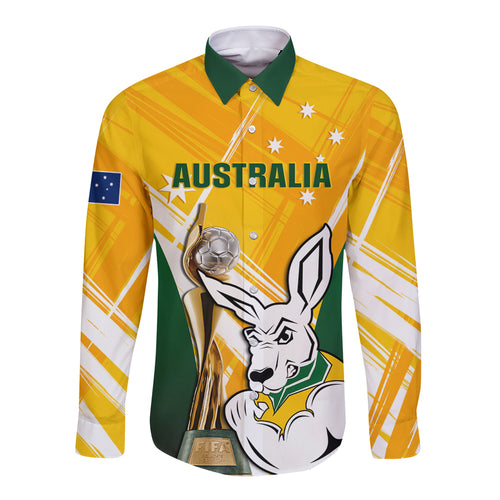 Custom Australia Soccer Long Sleeve Button Shirt Matildas Kangaroo With World Cup Trophy 2023 Yellow Version