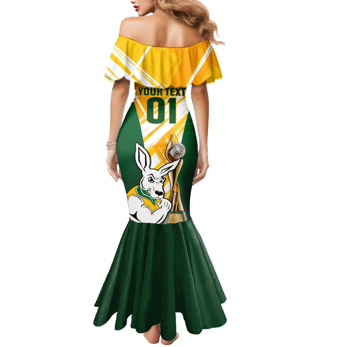 Custom Australia Soccer Mermaid Dress Matildas Kangaroo With World Cup Trophy 2023 Yellow Version