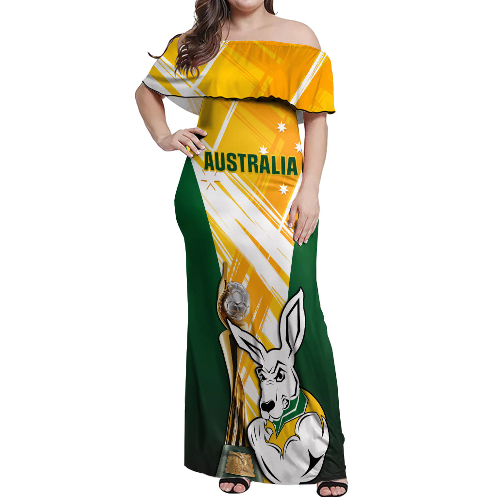 Custom Australia Soccer Off Shoulder Maxi Dress Matildas Kangaroo With World Cup Trophy 2023 Yellow Version