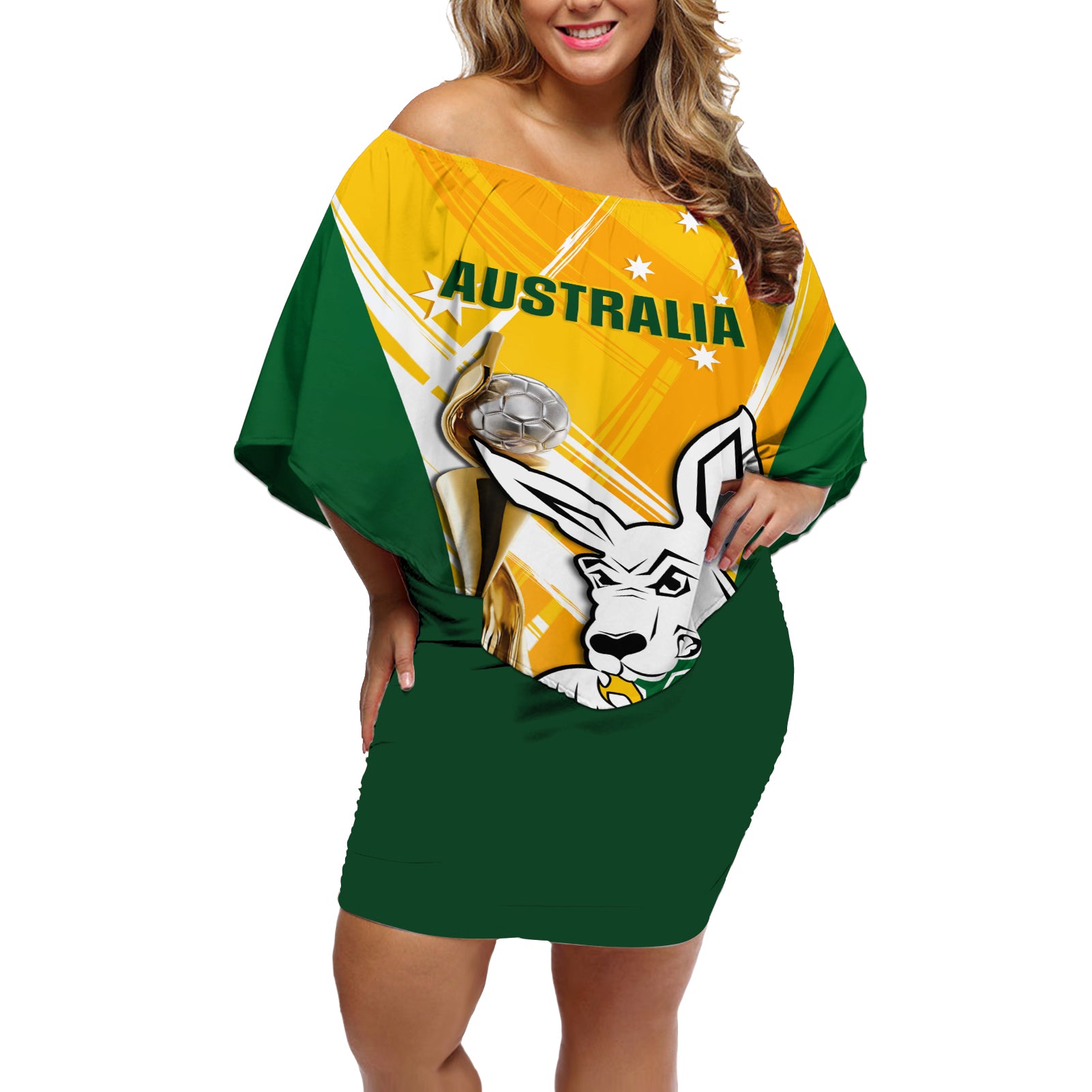 Custom Australia Soccer Off Shoulder Short Dress Matildas Kangaroo With World Cup Trophy 2023 Yellow Version